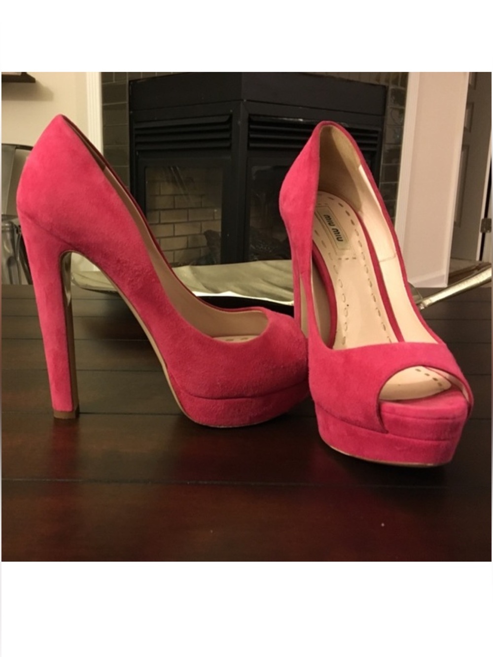 Miu Miu Hot Pink Suede Peep-Toe Platform Pumps